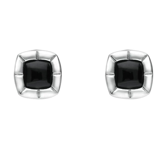 Sterling Silver Whitby Jet Ridged Cushion Stud Earrings. E1905.