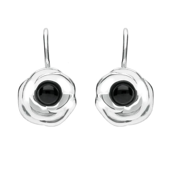 Silver Whitby Jet Rose Stone Centre Hook Earrings E1916