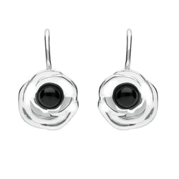 Silver Whitby Jet Rose Stone Centre Hook Earrings E1916
