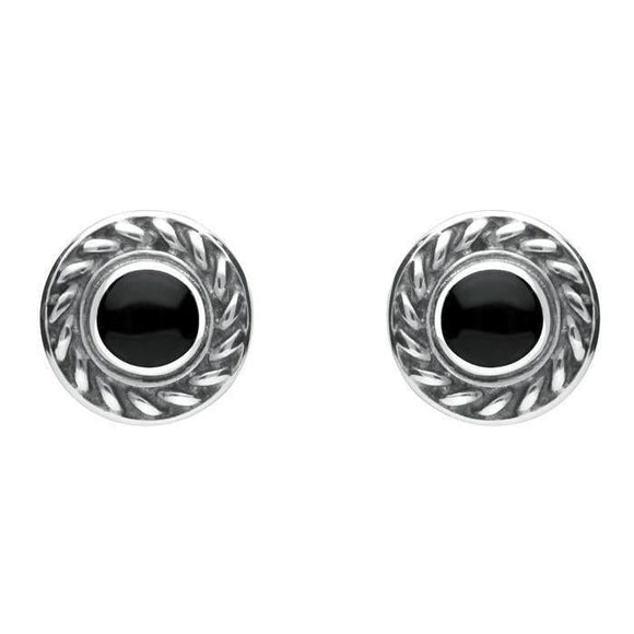Sterling Silver Whitby Jet Round Rope Edge Stud Earrings. E112.