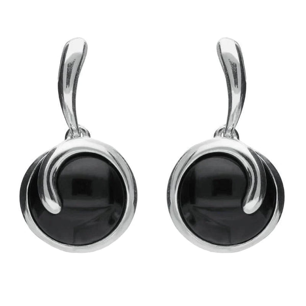 Sterling Silver Whitby Jet Round Swirl Drop Earrings E2131