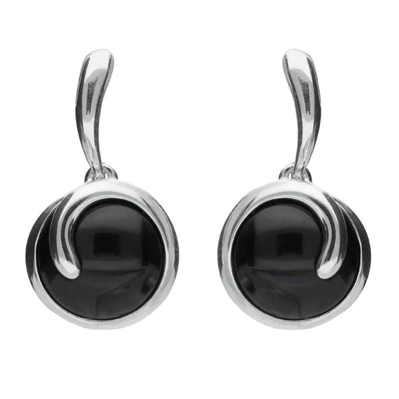 Sterling Silver Whitby Jet Round Swirl Drop Earrings E2131