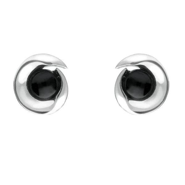 Sterling Silver Whitby Jet Spiral Stud Earrings. E1913.