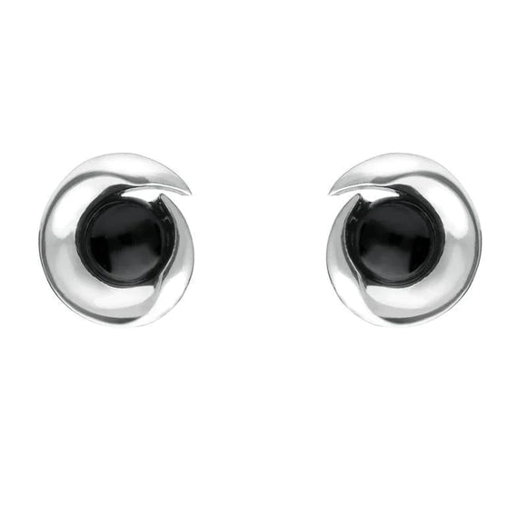 Sterling Silver Whitby Jet Spiral Stud Earrings. E1913.