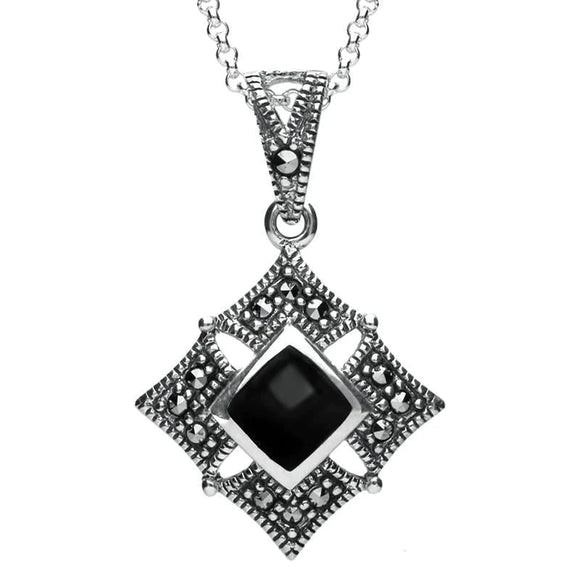 Silver Whitby Jet Square Marcasite Necklace P2341