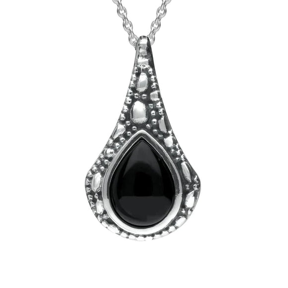 Silver Whitby Jet Stone Teardrop Oxidised Necklace P2535