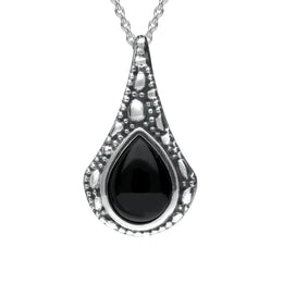 Silver Whitby Jet Stone Teardrop Oxidised Necklace P2535