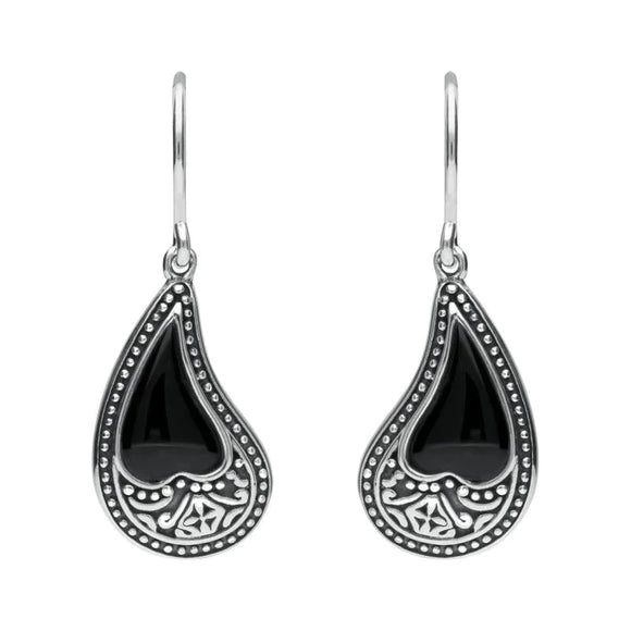 Sterling Silver Whitby Jet Tear Shape Oxidised Drop Earrings E1955