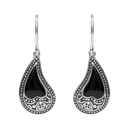 Sterling Silver Whitby Jet Tear Shape Oxidised Drop Earrings E1955