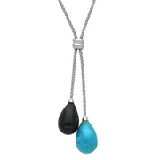 Sterling Silver Whitby Jet & Turquoise Two Stone Drop Necklace, N462.