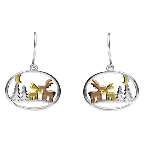 Silver Yellow and Rose Gold Reindeer and Trees Hook Earrings E2366