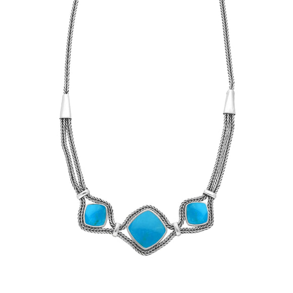 00137279 C W Sellors Sterling Silver Turquoise Foxtail Three Stone Cushion Necklace, N963.