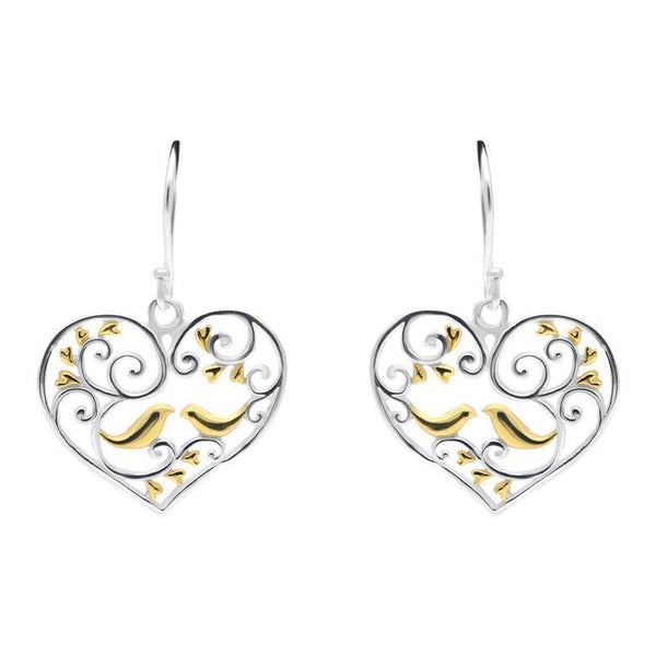 Sterling Silver Yellow Gold Bird Vine Open Heart Hook Earrings E2375