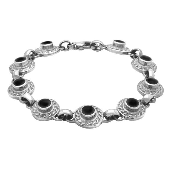 00083629 9ct White Gold Whitby Jet Nine Stone Round Rope Edge Bracelet, B232.