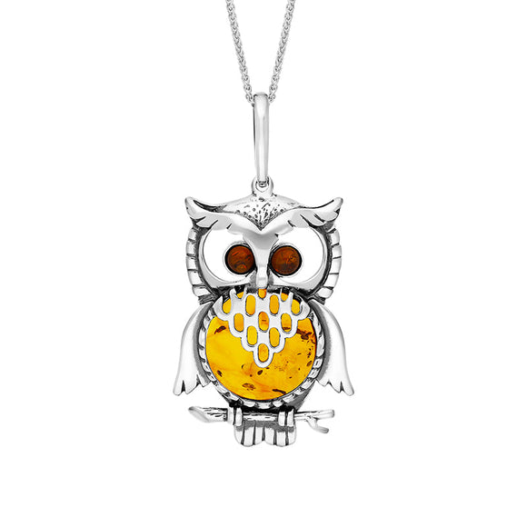 Sterling Silver Amber Large Owl Necklace. P2323.