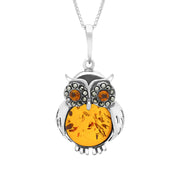 Sterling Silver Amber Medium Owl Necklace