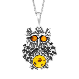 Sterling Silver Amber Moving Head Owl Necklace
