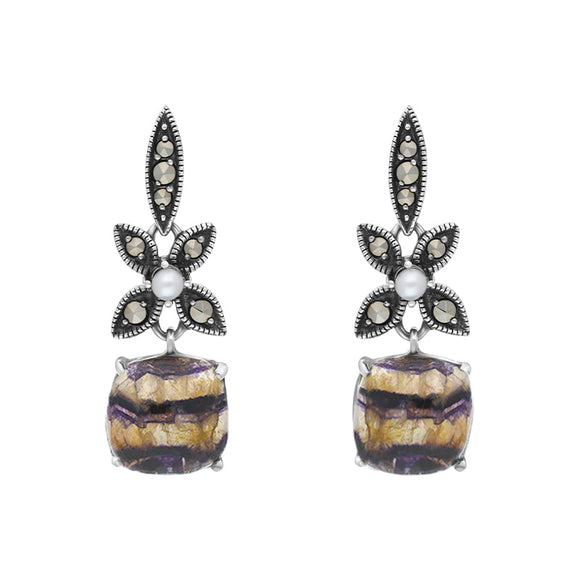 Sterling Silver Blue John Marcasite Pearl Flower Top Drop Earrings E1700