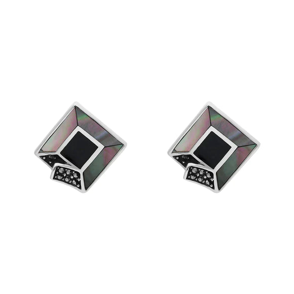 Sterling Silver Whitby Jet Dark Mother of Pearl Marcasite Stud Earrings D E884