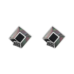 Sterling Silver Whitby Jet Dark Mother of Pearl Marcasite Stud Earrings D E884