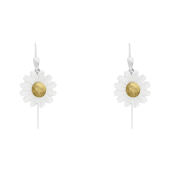 Sterling Silver and Yellow Gold White Mother Of Pearl Tuberose Daisy Drop Earrings, E2206.