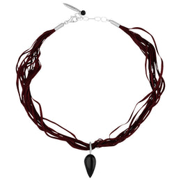 Sterling Silver Whitby Jet Burgundy Silk Pear Shape Necklace D