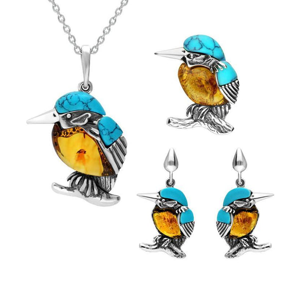 Sterling Silver Amber Turquoise Medium Kingfisher Three Piece Set P3500  E2522 M354