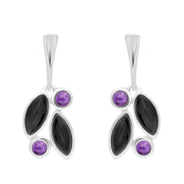 Sterling Silver Amethyst Whitby Jet Drop Stud Earrings. E1803.