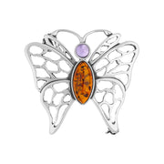 Sterling Silver Baltic Amber Amethyst Butterfly Brooch. M281.