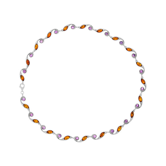 Sterling Silver Baltic Amber Amethyst Marquise and Round Link Necklace. N588_AME