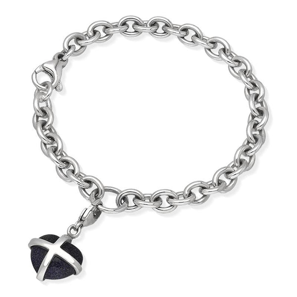 Sterling Silver Blue Goldstone Small Cross Heart Charm Bracelet, B666