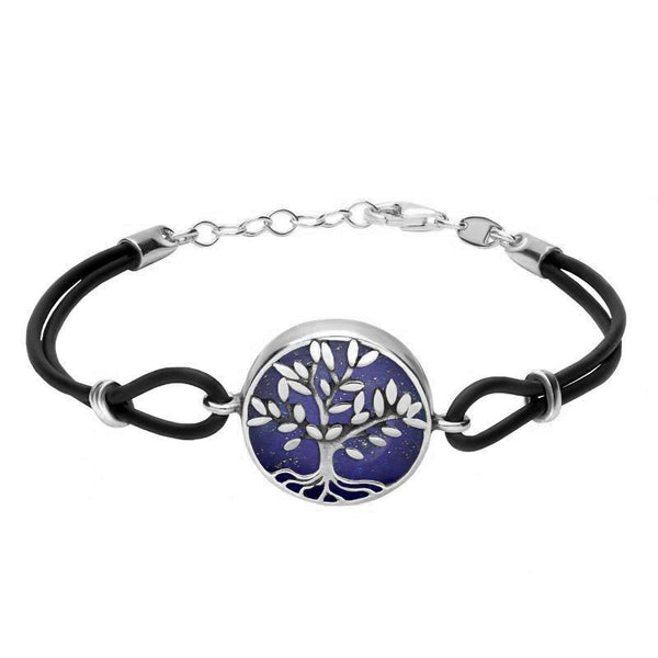 Sterling Silver Lapis Lazuli Cord Round Large Leaves Tree Of Life Bracelet, B1141