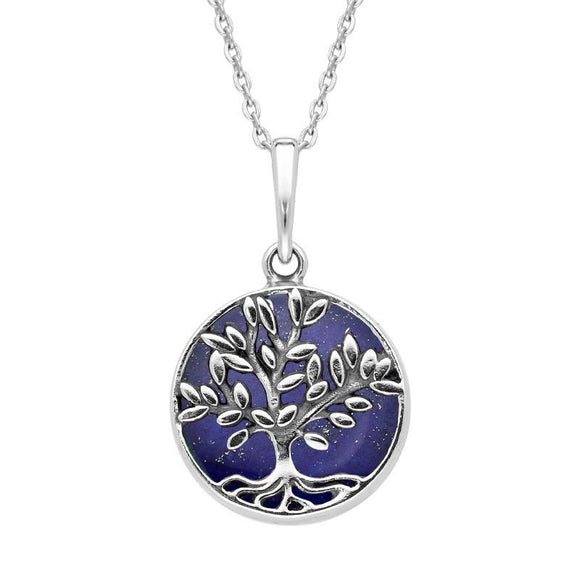 Sterling Silver Lapis Lazuli Small Round Large Leaves Tree of Life Necklace, P3340.