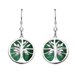 Sterling Silver Malachite Round Tree of Life Drop Earrings, E2485.