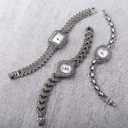 Sterling Silver Marcasite Oblong Bracelet Watch HW65_5