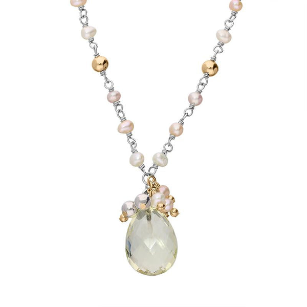 Sterling Silver Rose Gold Plated Oval Quartz Beaded Drop Necklace N824