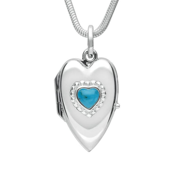 Sterling Silver Turquoise Beaded Edge Heart Locket Necklace. P2104.