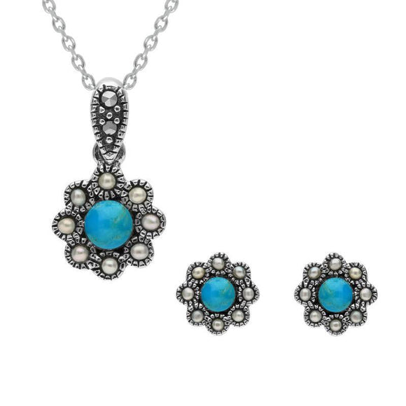 Sterling Silver Turquoise Pearl Round Bead Edge Two Piece Set