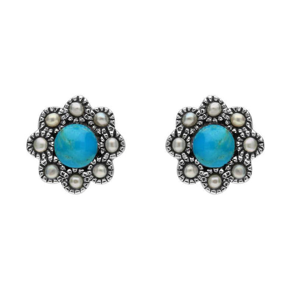 Sterling Silver Turquoise pearl Round Edge Bead Stud Earrings, E1635