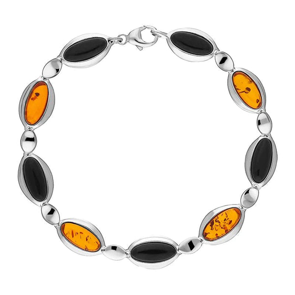 Sterling Silver Whitby Jet Amber Nine Stone Long Oval Bracelet, B656.
