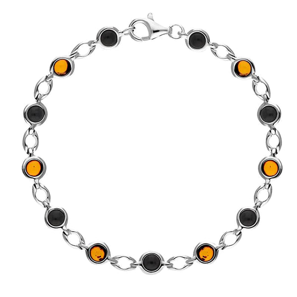 Sterling Silver Whitby Jet Amber Round Stone Link Bracelet, B882.