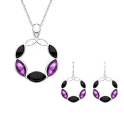 Sterling Silver Whitby Jet Amethyst Five Stone Leaf Circle Two Piece Set, S102.
