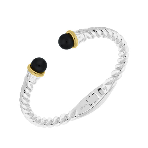 Sterling Silver Whitby Jet Bead Hinged Torc Twist Bangle, B739