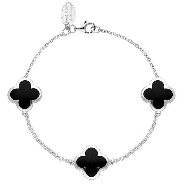 Sterling Silver Whitby Jet Bloom Four Leaf Clover Chain Bracelet, B1196