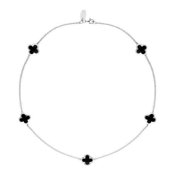 Sterling Silver Whitby Jet Bloom Four Leaf Clover Long Necklace, N1128.