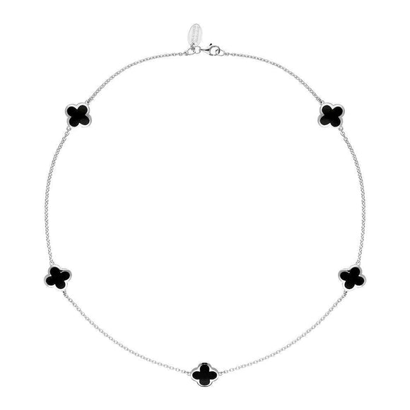 Sterling Silver Whitby Jet Bloom Four Leaf Clover Long Necklace, N1128.