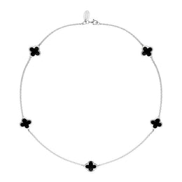 Sterling Silver Whitby Jet Bloom Four Leaf Clover Long Necklace, N1128.