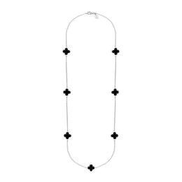Sterling Silver Whitby Jet Bloom Four Leaf Clover Long Necklace, N1129.