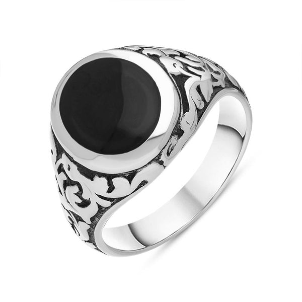 Sterling Silver Whitby Jet Carved Shoulder Oval Signet Ring. R100