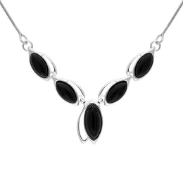 Sterling Silver Whitby Jet Graduated Marquise Five Stone Necklace, N976